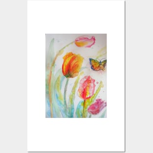 Colorful Tulip Watercolor Painting and Butterfly Posters and Art